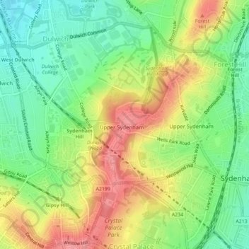 Topografische Karte Sydenham Hill, Höhe, Relief