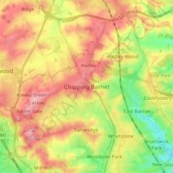 Topografische Karte Chipping Barnet, Höhe, Relief