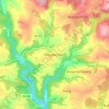 Topografische Karte Oberdiendorf, Höhe, Relief
