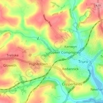 Topografische Karte Coosebean, Höhe, Relief