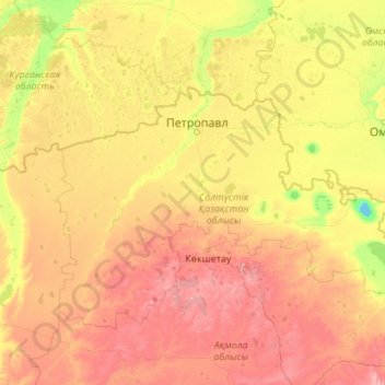Topografische Karte Gebiet Nordkasachstan, Höhe, Relief
