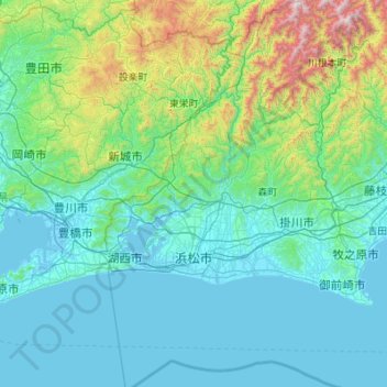 Topografische Karte 浜松市, Höhe, Relief