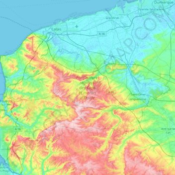 Topografische Karte Parc naturel régional des Caps et marais d'Opale, Höhe, Relief