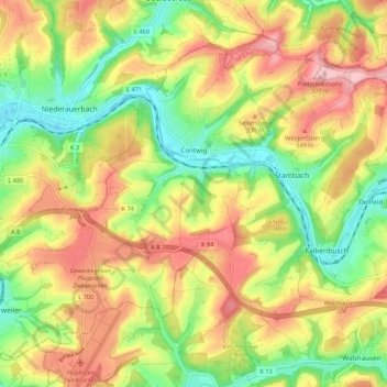 Topografische Karte Contwig, Höhe, Relief