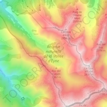 Topografische Karte Réserve naturelle de la Vallée d’Eyne, Höhe, Relief