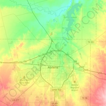 Topografische Karte Abilene, Höhe, Relief