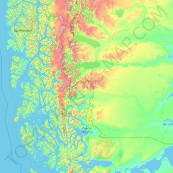 Topografische Karte Puerto Natales, Höhe, Relief