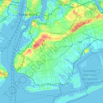 Topografische Karte Brooklyn, Höhe, Relief