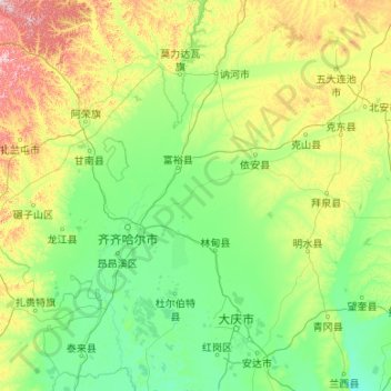 Topografische Karte Qiqihar City, Höhe, Relief