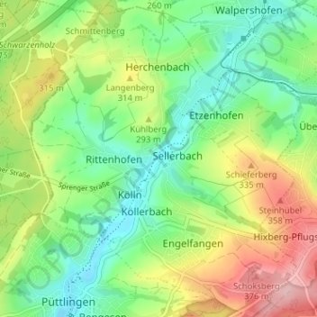 Topografische Karte Köllerbach, Höhe, Relief