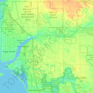 Topografische Karte Caloosahatchee River, Höhe, Relief