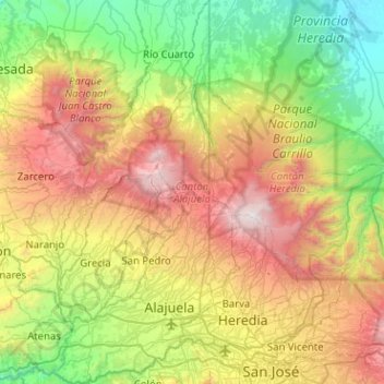 Topografische Karte Cantón Alajuela, Höhe, Relief