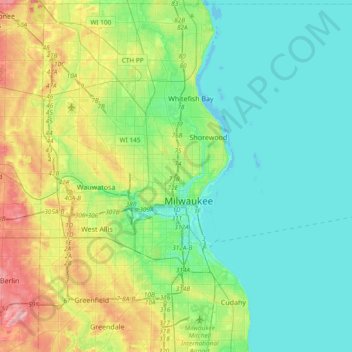 Topografische Karte Milwaukee, Höhe, Relief