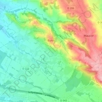 Topografische Karte Buros, Höhe, Relief