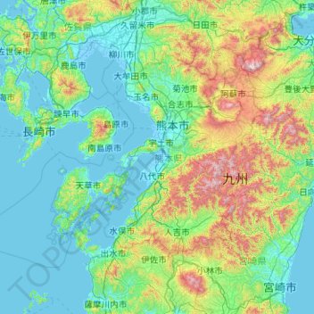 Topografische Karte Präfektur Kumamoto, Höhe, Relief
