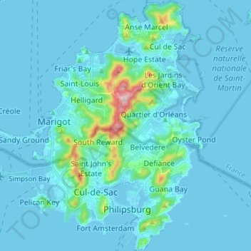 Topografische Karte Île de Saint-Martin - Sint Maarten eiland, Höhe, Relief