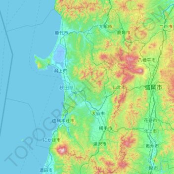 Topografische Karte Präfektur Akita, Höhe, Relief