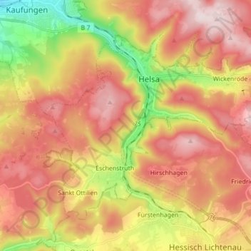 Topografische Karte Helsa, Höhe, Relief