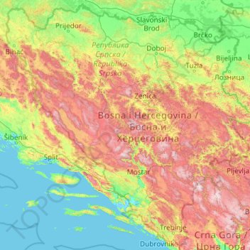 Topografische Karte Bosnien und Herzegowina, Höhe, Relief