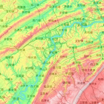 Topografische Karte Wanzhou, Höhe, Relief