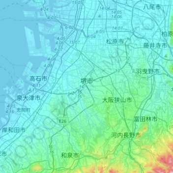 Topografische Karte 堺市, Höhe, Relief
