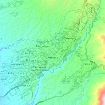 Topografische Karte Perímetro Urbano Armenia, Höhe, Relief