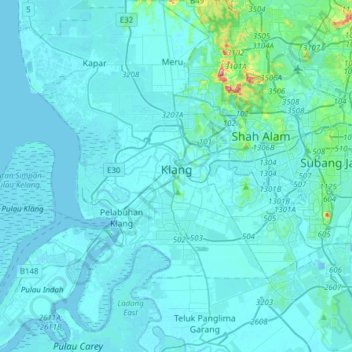Topografische Karte Bandaraya Klang, Höhe, Relief