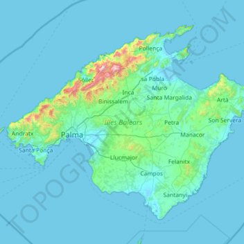 Topografische Karte Mallorca, Höhe, Relief