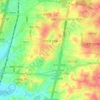 Topografische Karte Even Yehuda, Höhe, Relief