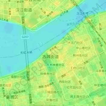 Topografische Karte Gucheng Subdistrict, Höhe, Relief