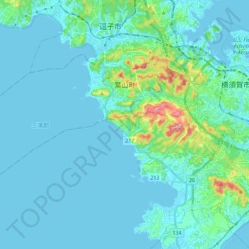 Topografische Karte 葉山町, Höhe, Relief