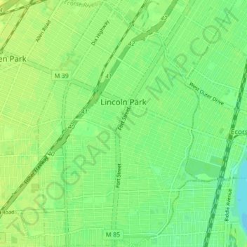 Topografische Karte Lincoln Park, Höhe, Relief