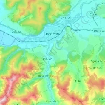 Topografische Karte Beclean, Höhe, Relief