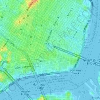 Topografische Karte Lower East Side, Höhe, Relief