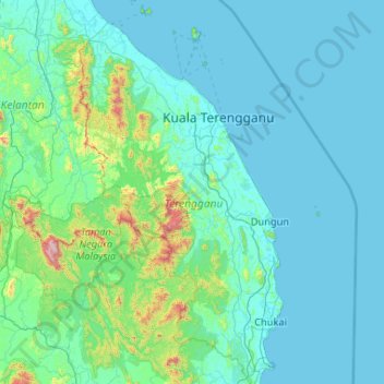 Topografische Karte Terengganu, Höhe, Relief