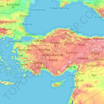 Topografische Karte Anatolie, Höhe, Relief