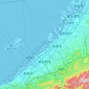 Topografische Karte Izumisano, Höhe, Relief