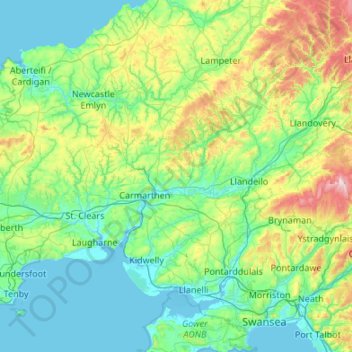Topografische Karte Carmarthenshire, Höhe, Relief