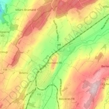 Topografische Karte Romont (FR), Höhe, Relief
