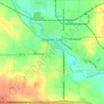 Topografische Karte Charles City, Höhe, Relief