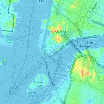 Topografische Karte Manhattan Community Board 1, Höhe, Relief