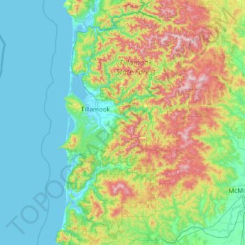 Topografische Karte Tillamook County, Höhe, Relief