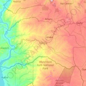 Topografische Karte Nwoya, Höhe, Relief