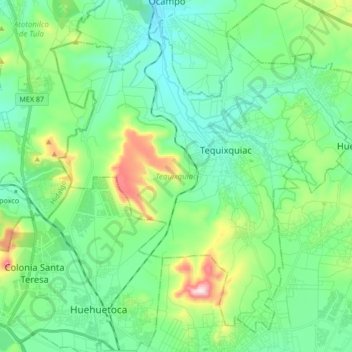 Topografische Karte Tequixquiac, Höhe, Relief