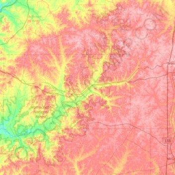 Topografische Karte Homochitto National Forest, Höhe, Relief