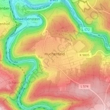 Topografische Karte Huchenfeld, Höhe, Relief