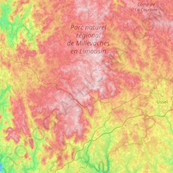 Topografische Karte Plateau de Millevaches, Höhe, Relief