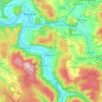 Topografische Karte Wesertal, Höhe, Relief