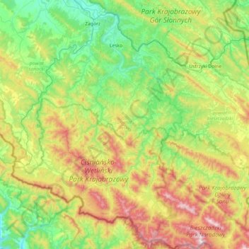 Topografische Karte powiat leski, Höhe, Relief