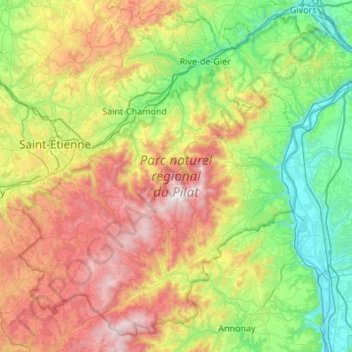 Topografische Karte Parc naturel régional du Pilat, Höhe, Relief